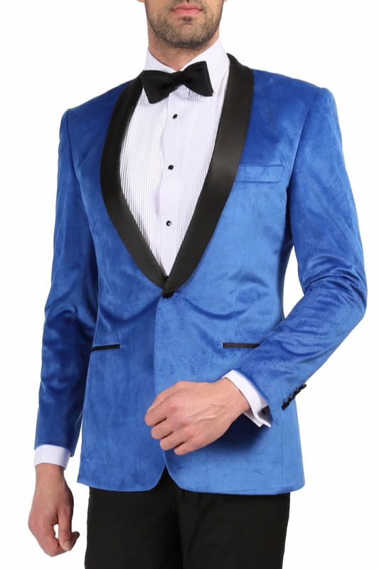 Mens Royal Blue Prom Tuxedo - Mens 1 Button Velvet Tuxedo Dinner Jacket in Royal Blue