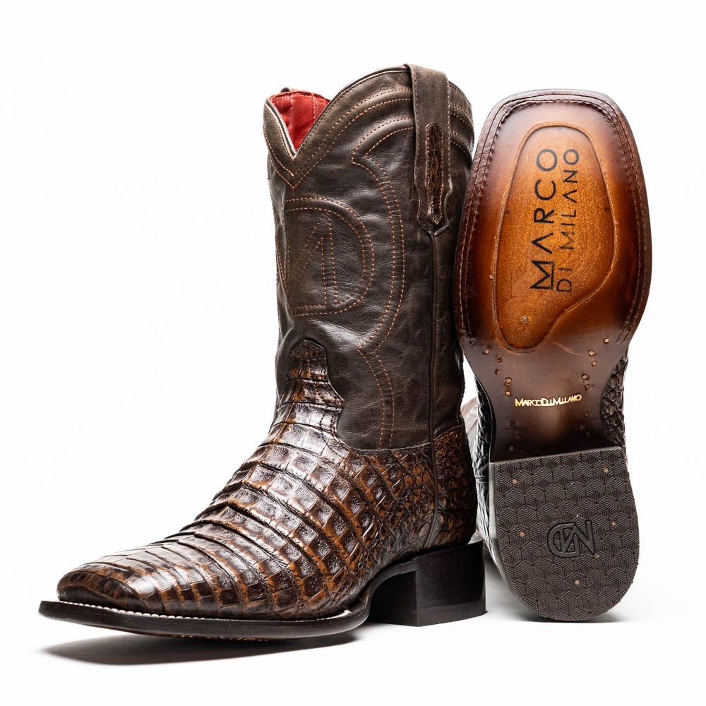 Marco Di Milano Tuscon Aged Brown Caiman Crocodile Square Toe Cowboy Boots - 7