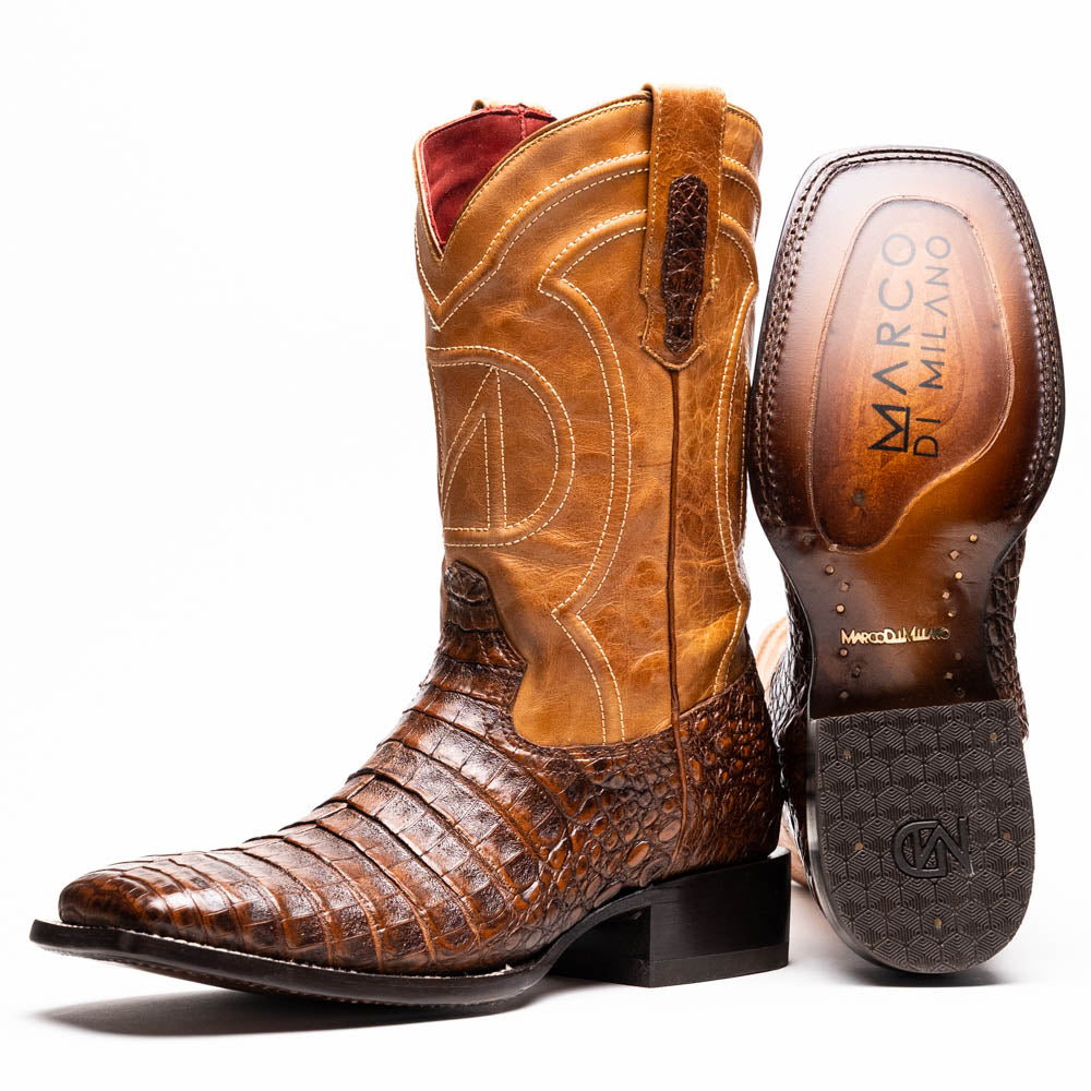Marco Di Milano Tuscon Aged Maple Caiman Crocodile Square Toe Cowboy Boots - 7