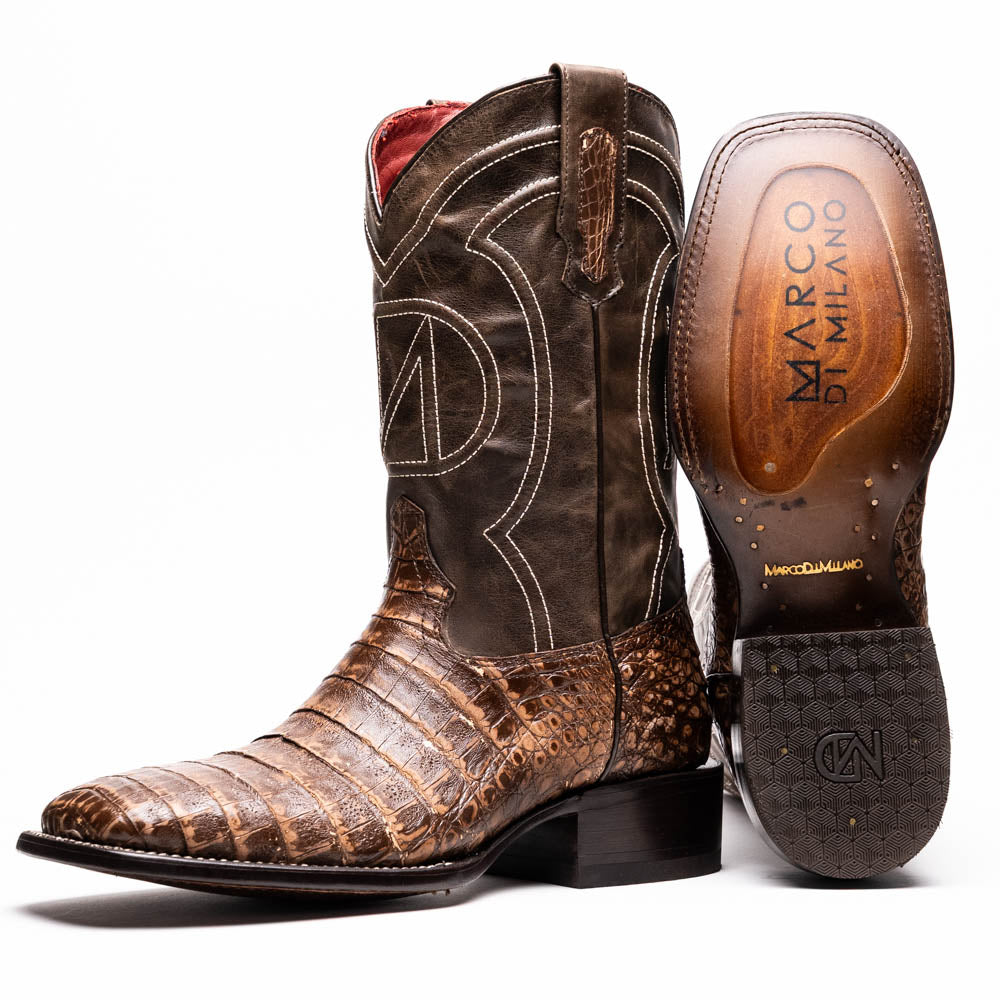 Marco Di Milano Tuscon Stone Brown Caiman Crocodile Square Toe Cowboy Boots - 7