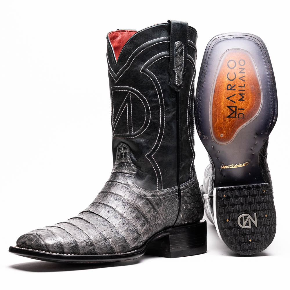 Marco Di Milano Tuscon Stone Gray Caiman Crocodile Square Toe Cowboy Boots - 7