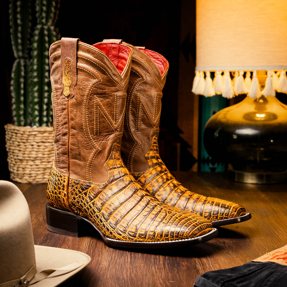 Marco Di Milano Tuscon Mustard Brown Caiman Square Toe Cowboy Boots - 7