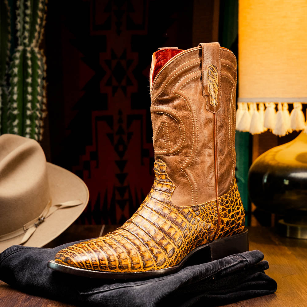 Marco Di Milano Tuscon Mustard Brown Caiman Square Toe Cowboy Boots - 7