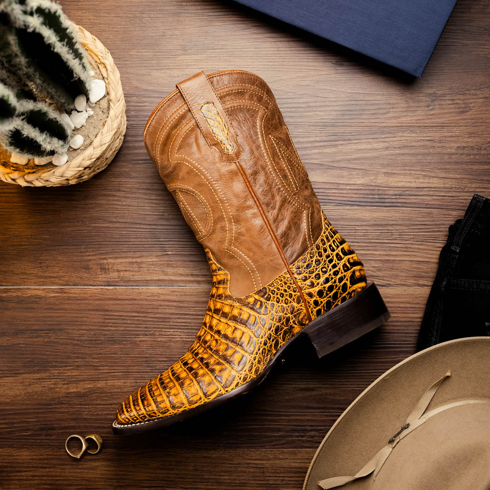 Marco Di Milano Tuscon Mustard Brown Caiman Square Toe Cowboy Boots - 7