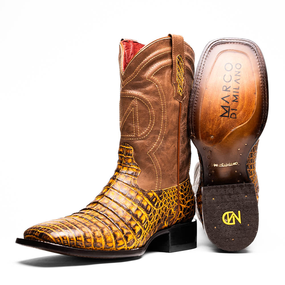 Marco Di Milano Tuscon Mustard Brown Caiman Square Toe Cowboy Boots - 7