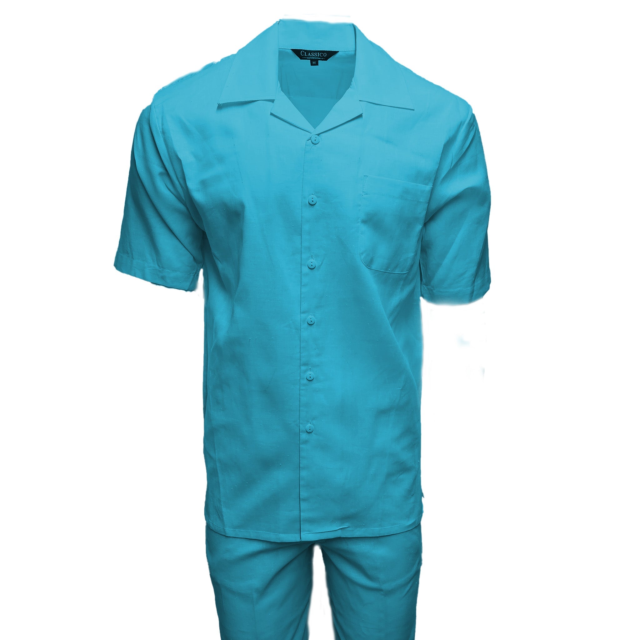Mens Turquoise Linen Shirt and Pants Casual Outfit Set - Small
