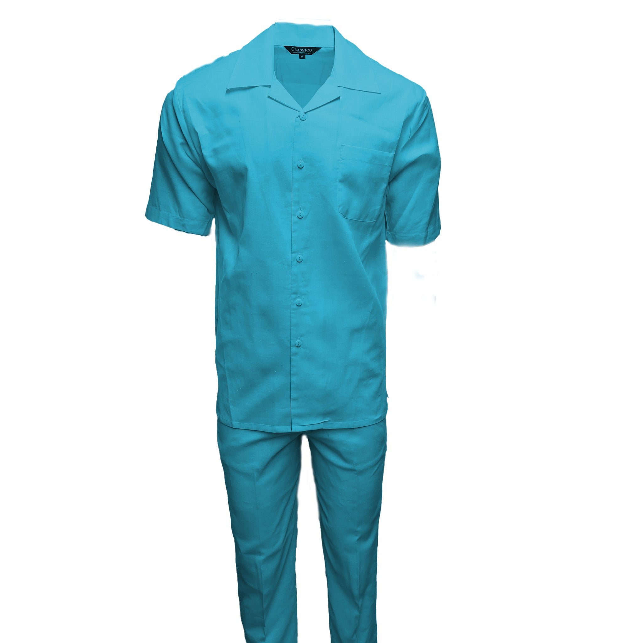 Mens Turquoise Linen Shirt and Pants Casual Outfit Set - Small