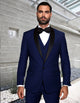 Mens Navy Blue Wedding Tuxedo - Dark Blue Tuxedo Suit"Mens 1 Button Shawl Lapel Vested Wool Wedding - Prom 2025 Tuxedo in Sapphire Blue