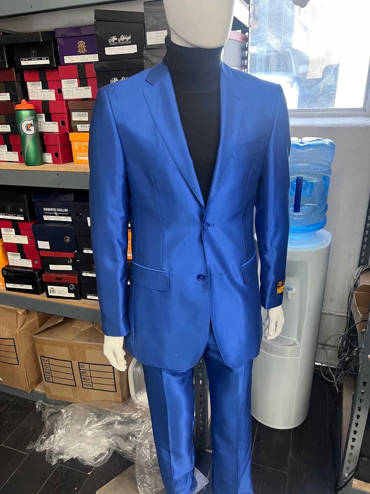 Men's Royal Blue Shiny Satin Suit â€“ 2-Piece Slim Fit Tuxedo with Peak Lapel - 34 Short or Extra Small