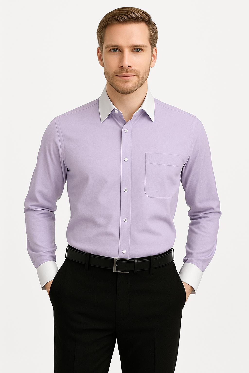 Classic Stylish Fashionable -White Collar Two Toned Contrast white collars Multi-color Men's Dress Shirt - Medium 15.5" Neck / 34-35" Sleeve