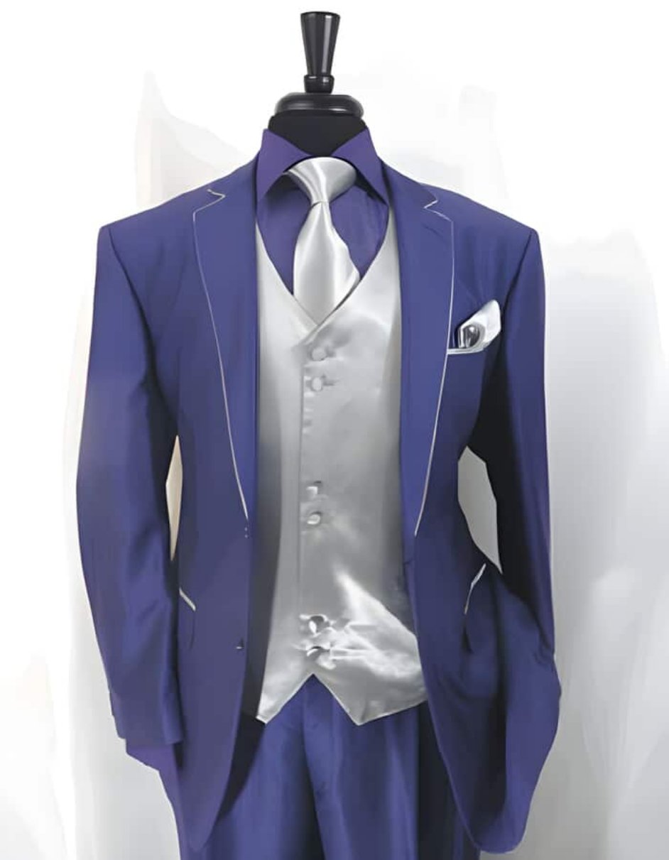 Two Toned Tuxedo Trimmed Jacket With Matching Satin Vest and Hankie Black and Purple Two toned pastel color