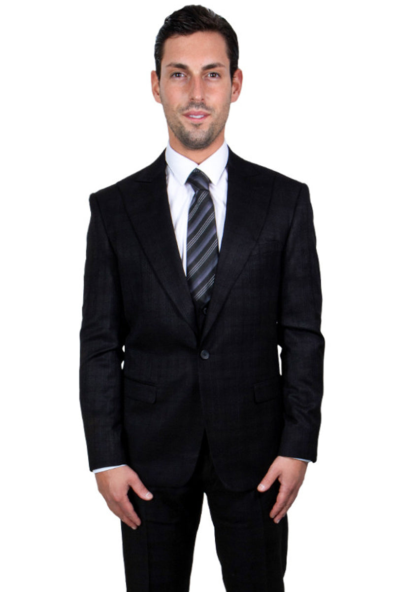 "Mens Stacy Adams Suit - Stacy Adams Suit Men's Glen Plaid Suit - One Button Vested Peak Lapel in Black" - 48 Regular