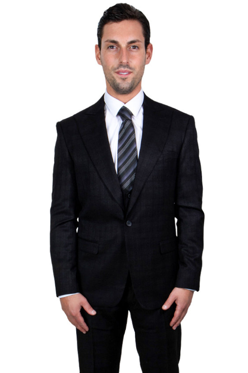 "Stacy Adams Men's Glen Plaid Suit - One Button Vested Peak Lapel in Black"