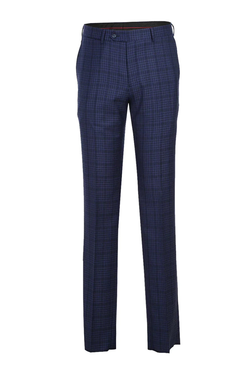 Mens Designer Two Button Slim Fit Peak Lapel Suit in Navy Blue Overcheck Plaid - 36S