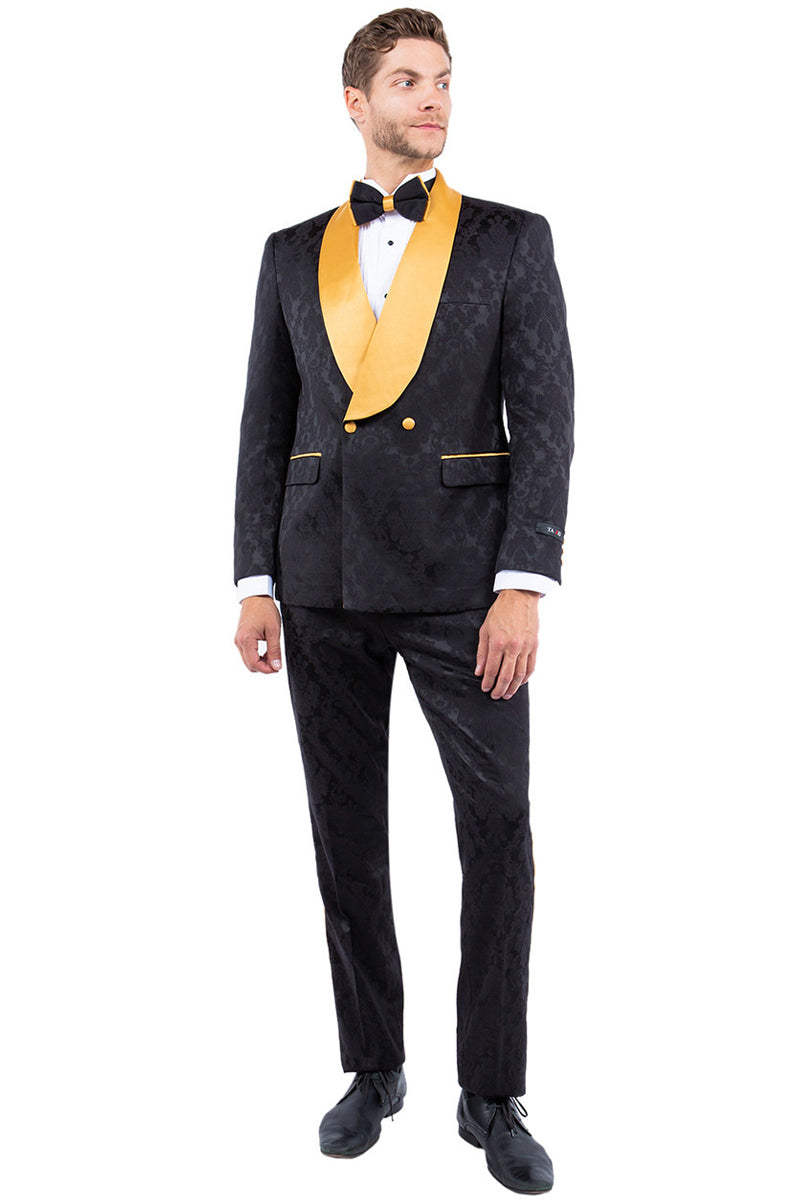 "Men's Slim Fit Paisley Smoking Jacket - Double Breasted Black & Gold Tuxedo" - 34 Short
