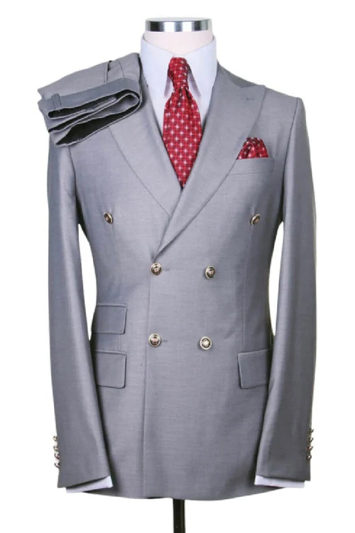 Mens Double breasted Suit - "Light Grey" 1920s 1980s Style Peak Lapel Suits -Â  Back Side VentedÂ  Mens Designer Modern Fit Double Breasted Wool Suit with Gold Buttons in Light Grey Grey Prom 2026 Suits