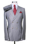Mens Double breasted Suit - "Light Grey" 1920s 1980s Style Peak Lapel Suits -  Back Side Vented  Mens Designer Modern Fit Double Breasted Wool Suit with Gold Buttons in Light Grey Grey Prom 2025 Suits