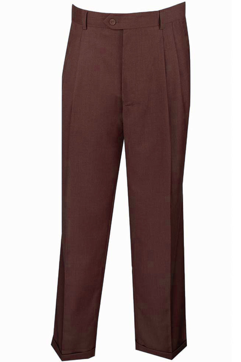 Mens Classic Fit Single Pleat Dress Slacks in Brown - 28W