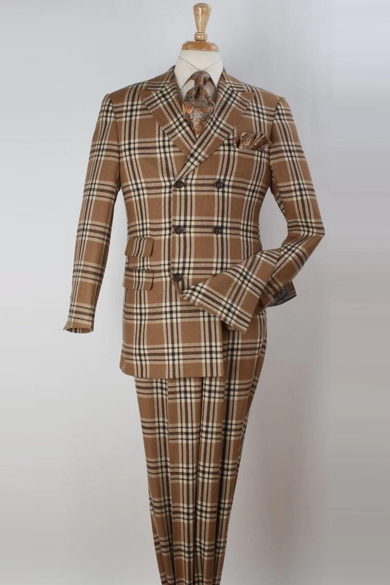 "Men's Double Breasted Wool Suit, Three Quarter Length, Tan & Brown Windowpane Plaid"