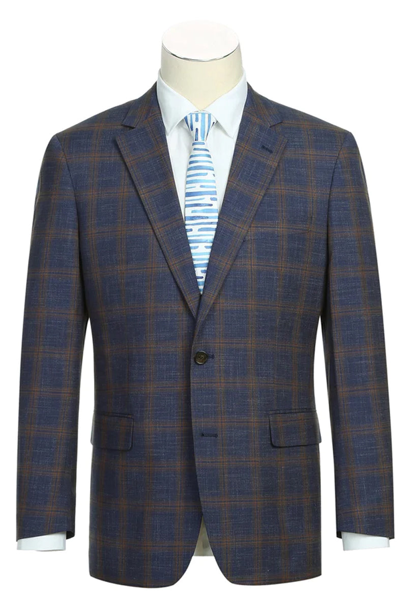 "Men's Navy Blue & Gold Plaid Slim Fit Blazer - Two Button Sport Coat" - 42 Regular