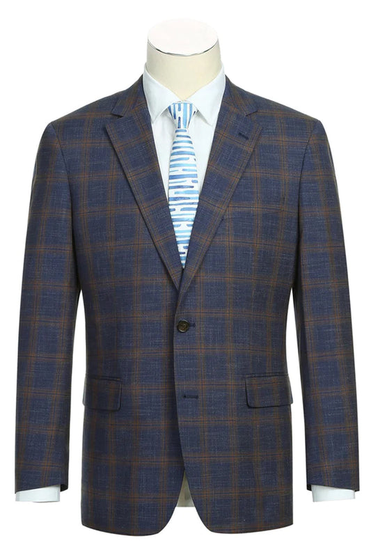 "Men's Navy Blue & Gold Plaid Slim Fit Blazer - Two Button Sport Coat"