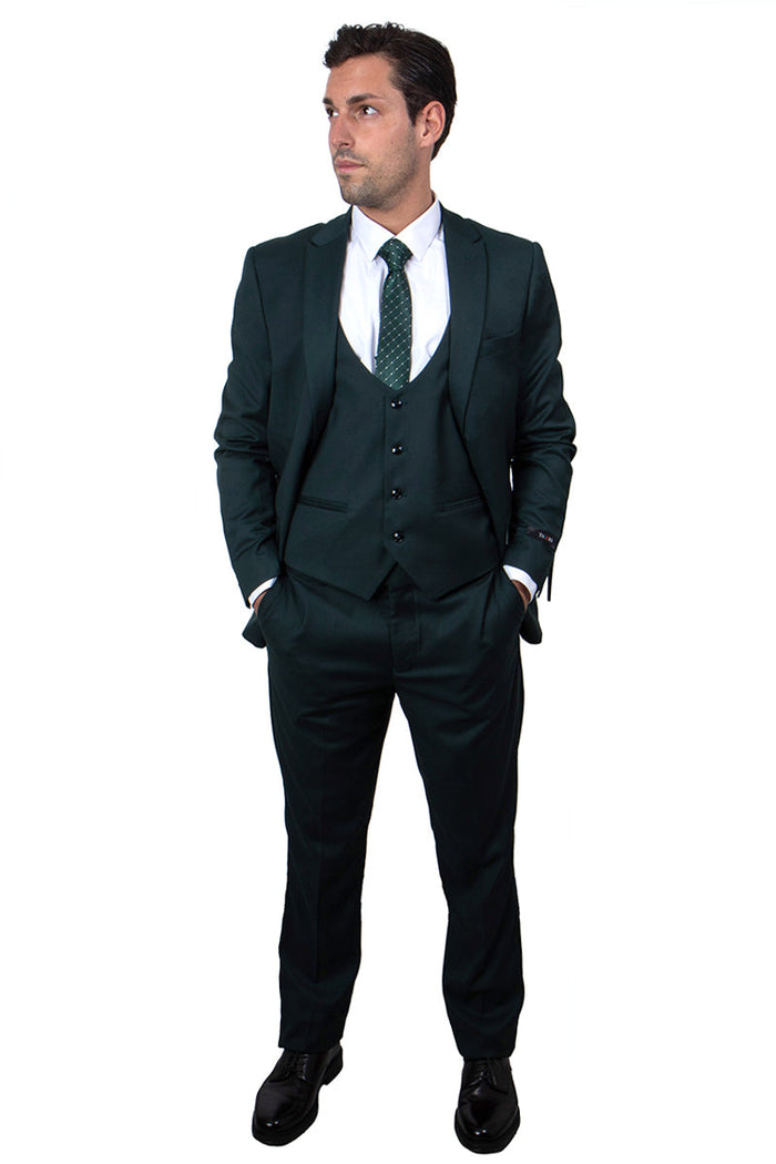 "Men's Hunter Green Skinny Wedding & Prom 2026 Suit - One Button Peak Lapel with Lowcut Vest"