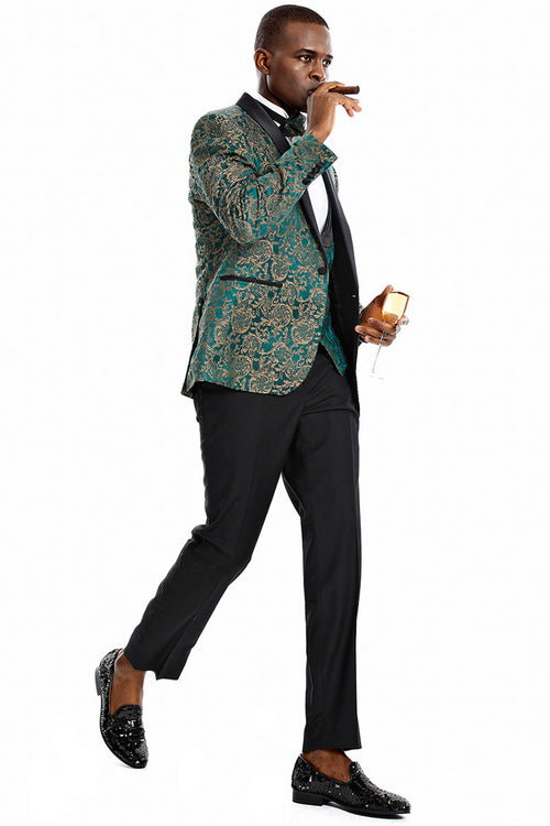 "Green & Gold Paisley Men's One Button Vested Shawl Tuxedo for Prom 2026 & Wedding"