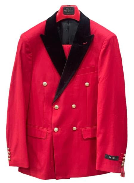 Men's Red Double-Breasted Wedding Tuxedo with Black Velvet Lapel and Gold Buttons - Christmas New Year Suit - 34 Short or Extra Small