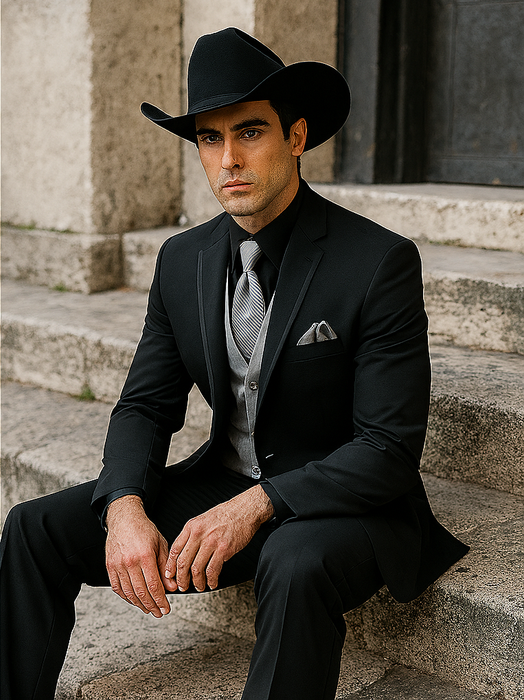 Mens Black Western Tuxedo with Silver Vest & Cowboy Hat â€“ Slim Fit