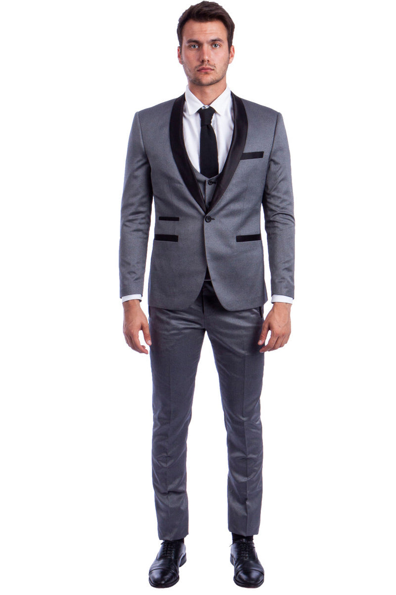 "Grey Men's Shawl Tuxedo with One Button Low Cut Vest"