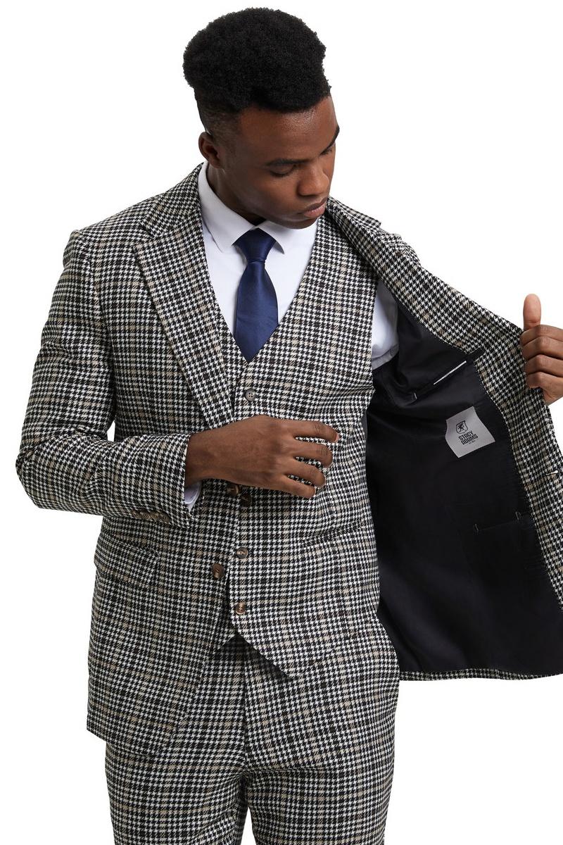 Men's Stacy Adams Vested Modern Fit Houndstooth Glen Plaid Suit in Grey & Green - 38 Regular