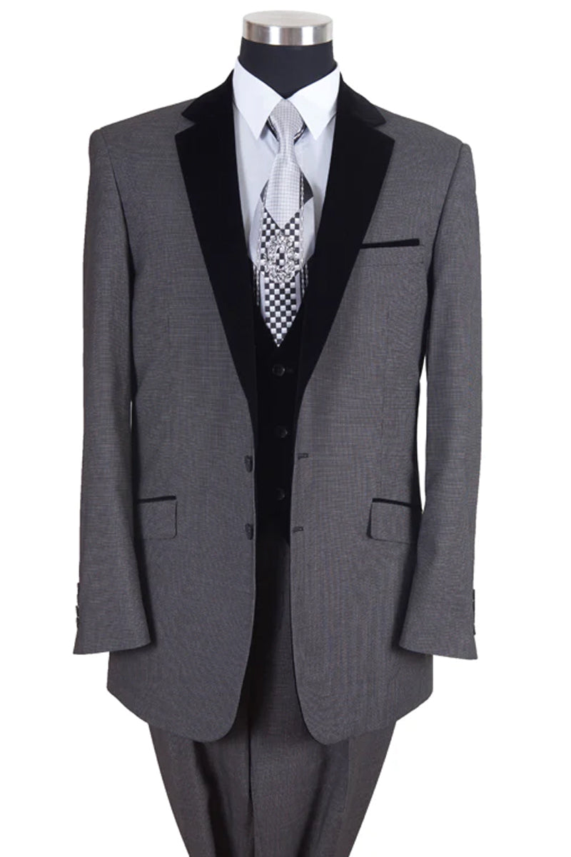 "Grey Modern Fit Tuxedo Suit with Black Velvet Lapel & Vest for Men" - 38 Long