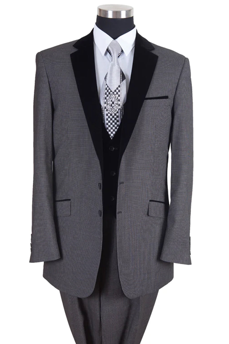 "Grey Modern Fit Tuxedo Suit with Black Velvet Lapel & Vest for Men"