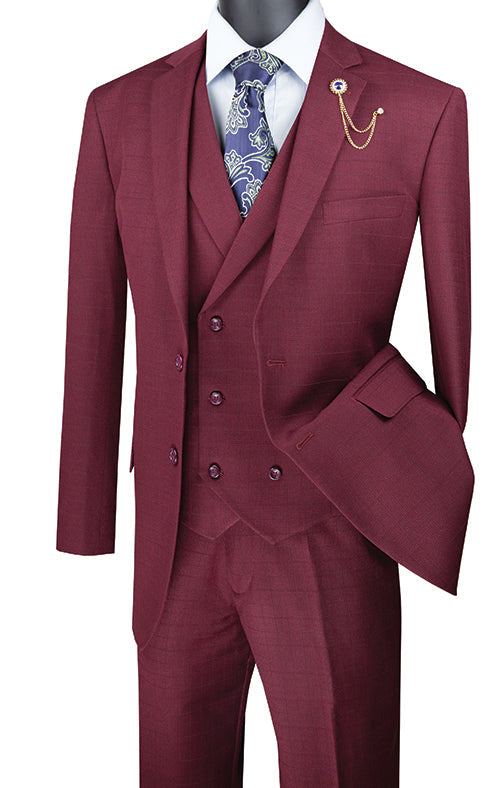 Venetian Collection - Burgundy Regular Fit Glen Plaid 2 Button 3 Piece Suit - 36 Short