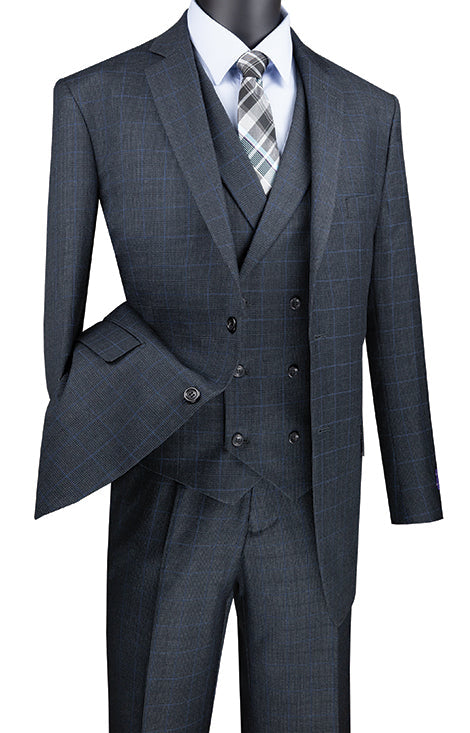 Venetian Collection - Charcoal Regular Fit Glen Plaid 2 Button 3 Piece Suit - Charcoal