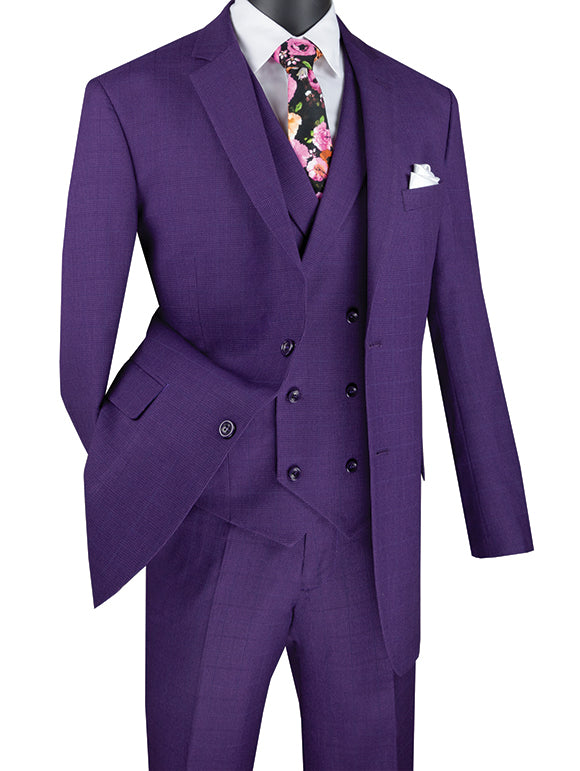 Venetian Collection - Purple Regular Fit Glen Plaid 2 Button 3 Piece Suit - Purple