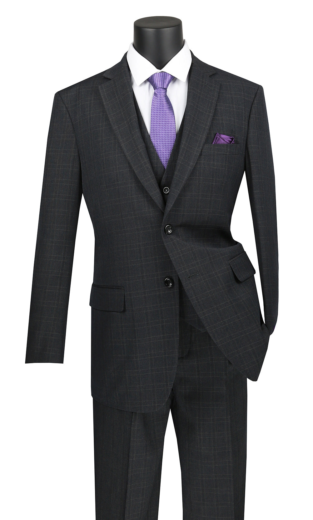 Olympia Collection - Glen Plaid Regular Fit Suit 3 Piece Black - Black
