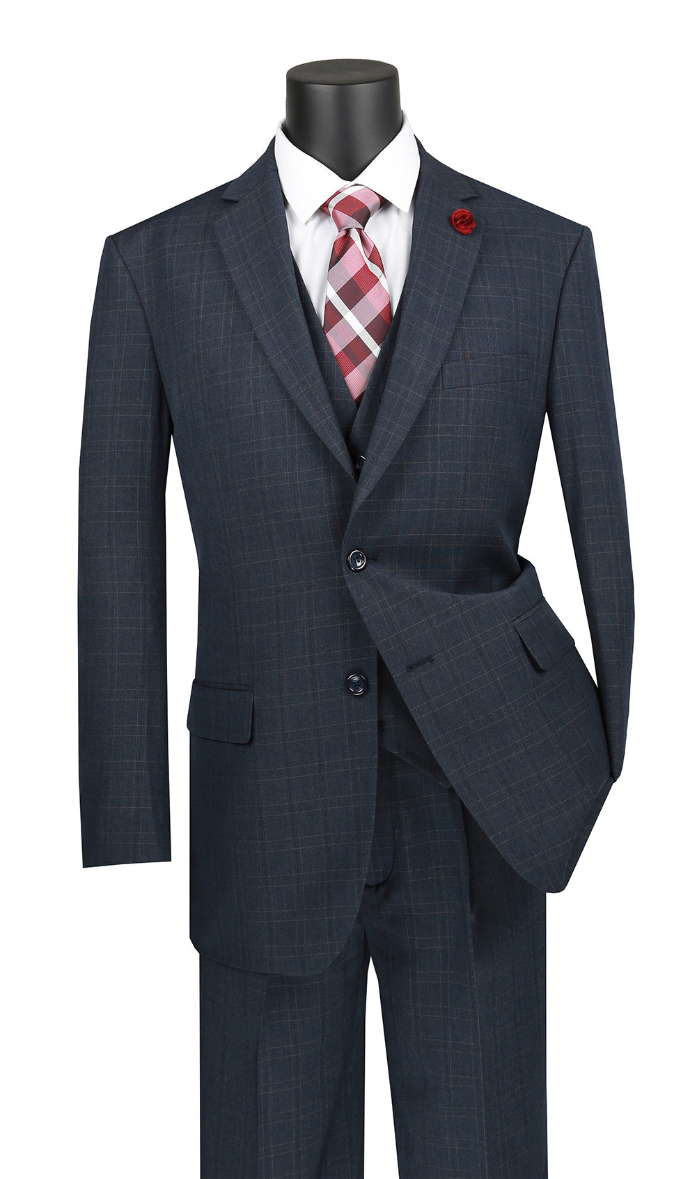 Olympia Collection - Glen Plaid Regular Fit Suit 3 Piece Navy Blue - Blue