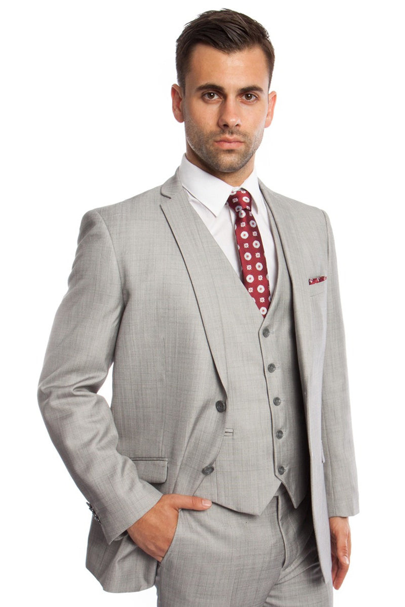 "Sharkskin Business Suit for Men - Light Grey Two Button Vested"