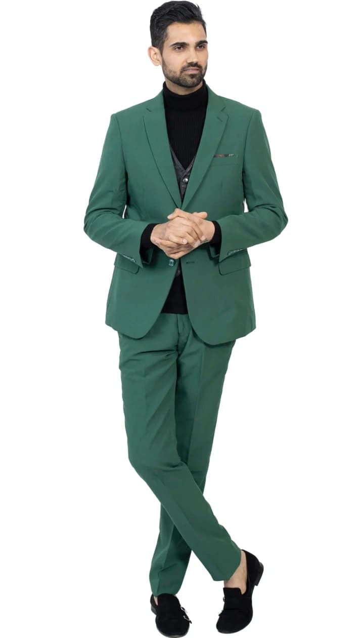 Paul Lorenzo Mens Hunter Green Slim Fit 2 Piece Suit - 38 Short Jacket+32 Waist Adjustable 28to34)(Height: 5 4 to5 7 )(Neck  15-16.5)S-M)