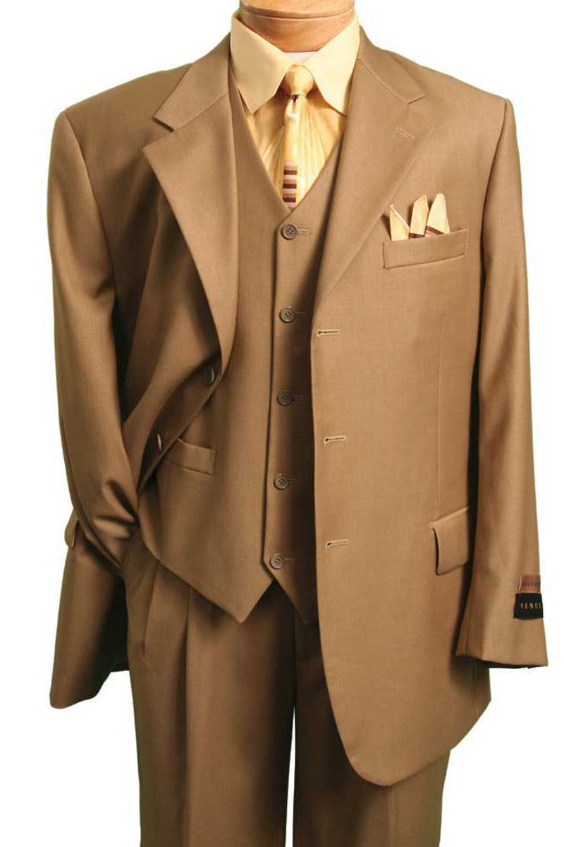Mens 2 Button Vested Basic Wool Feel Suit in Britishi Khaki - 36 Short