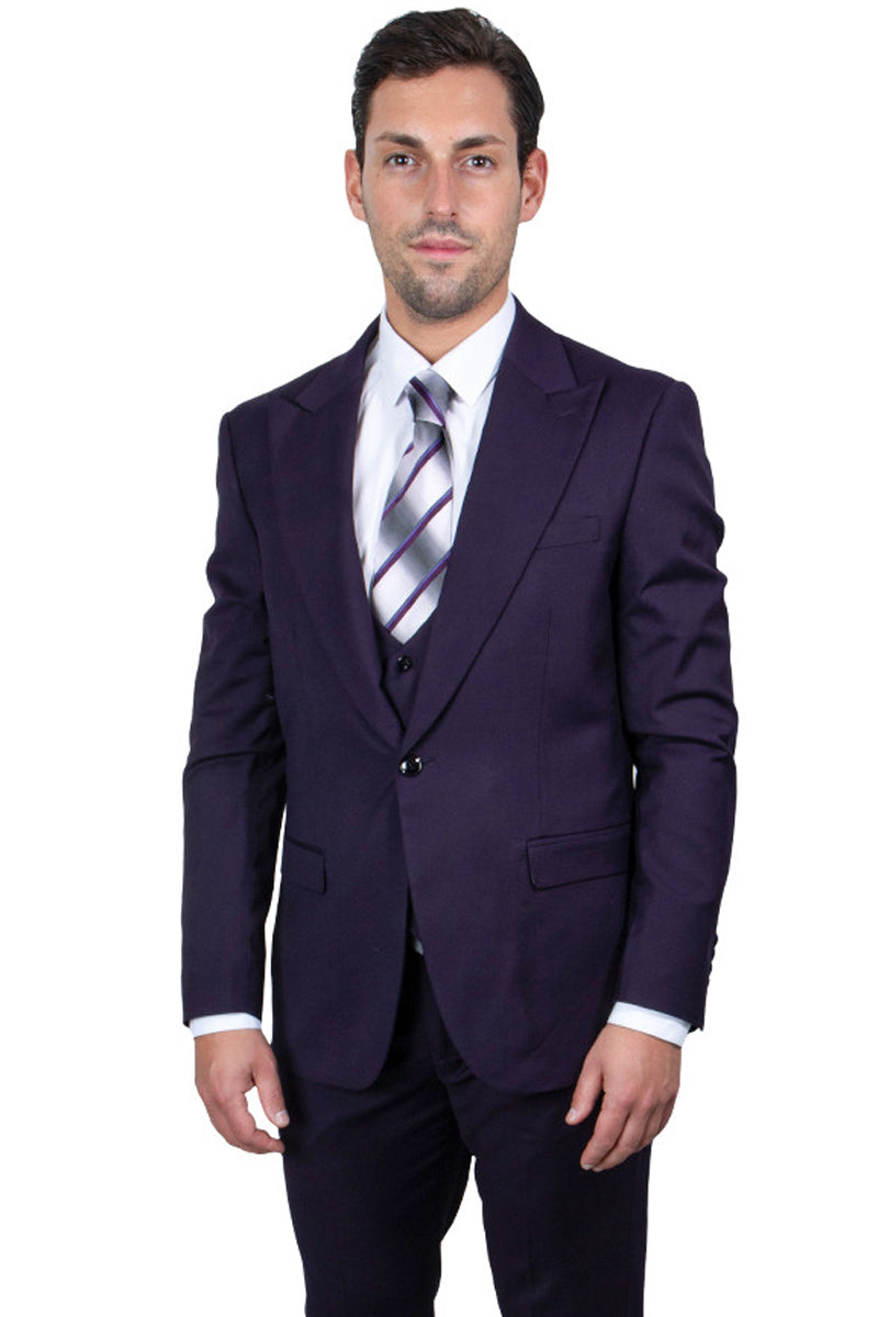 "Mens Stacy Adams Suit - Stacy Adams Suit Men's Vested purple  Suit - One Button Peak Lapel in Eggplant" - 34 Regular