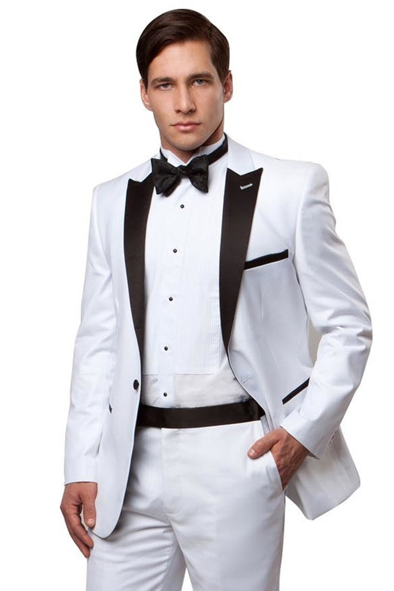 "Men's Slim Fit Wedding Tuxedo - One Button, Peak Lapel, White & Black"