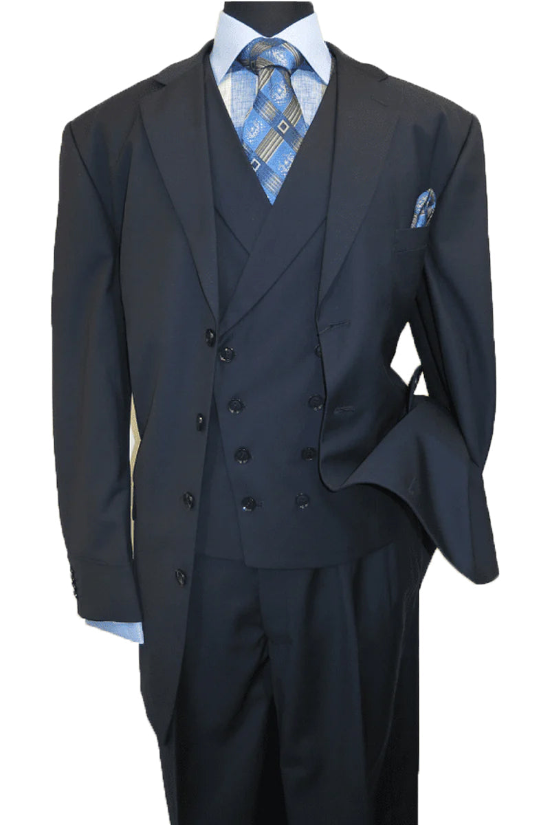 "Navy Blue Men's 4-Button Suit with Double-Breasted Vest - Fashion Apparel"