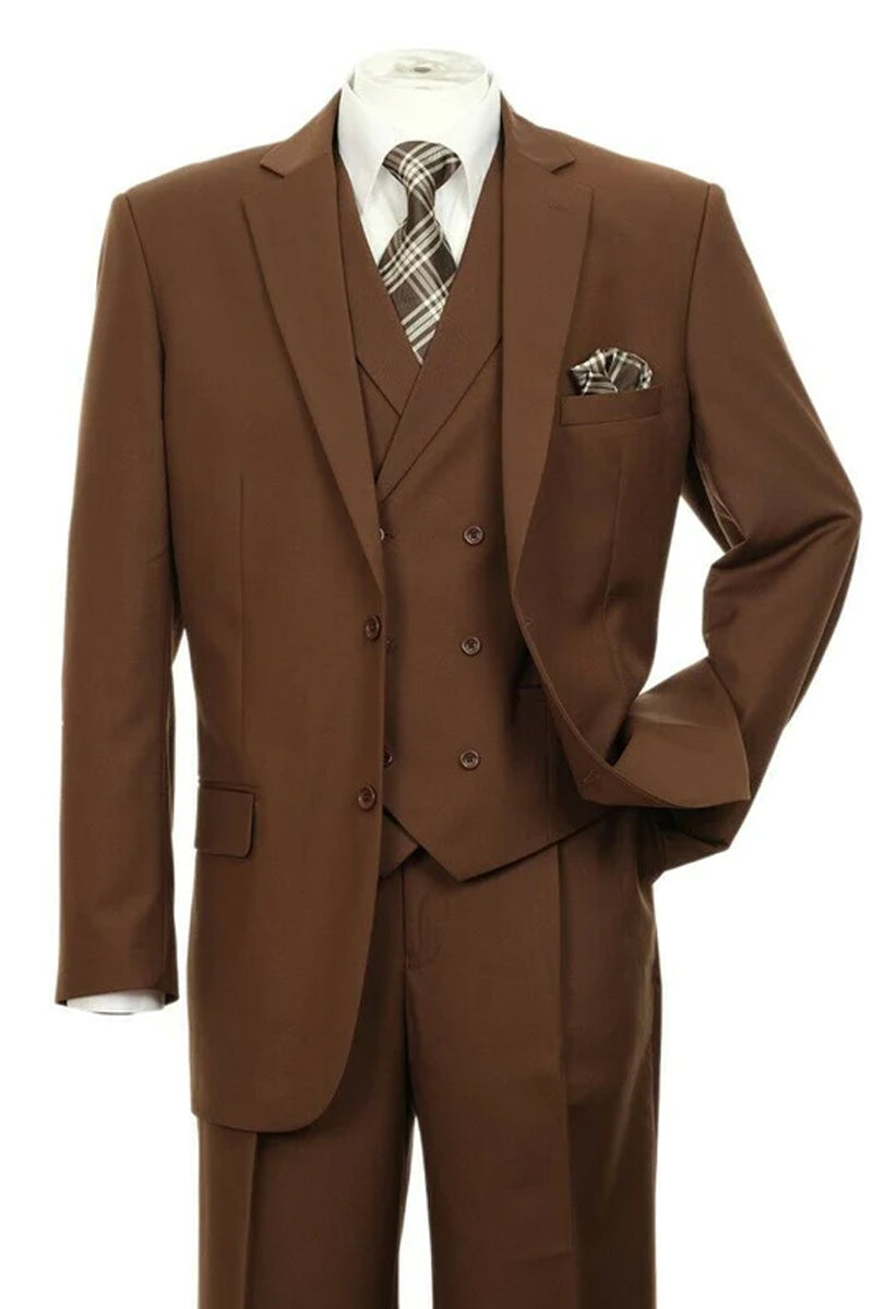 "Brown Men's 2-Button Suit with Pleated Pants & Double-Breasted Vest"