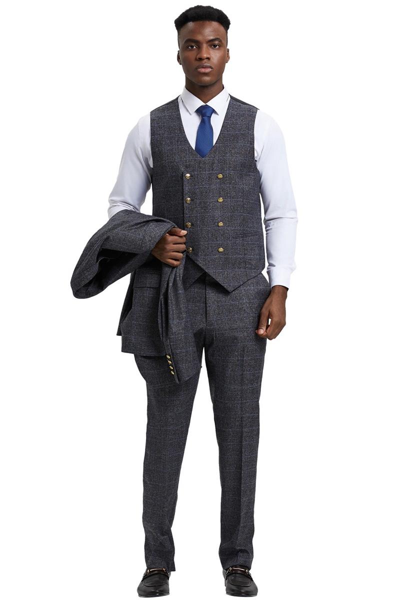 Men's Stacy Adams Peak Lapel Suit with Double Breasted Vest in Charcoal Grey Windowpane Plaid - 38 Regular