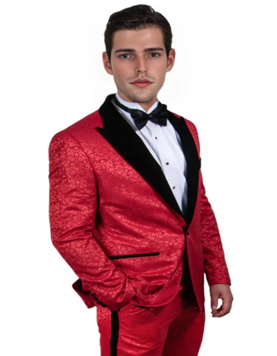 STACY ADAMS MEN'S PAISLEY TUXEDO - RED & BLACK FOR PROM 2025 & WEDDING - Red