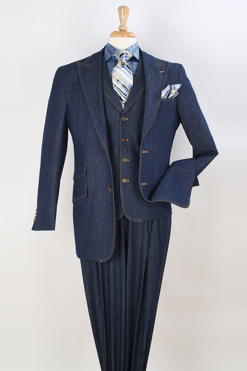 "Blue Jean Navy Men's Denim Suit with Two-Button Peak Lapel Vest"
