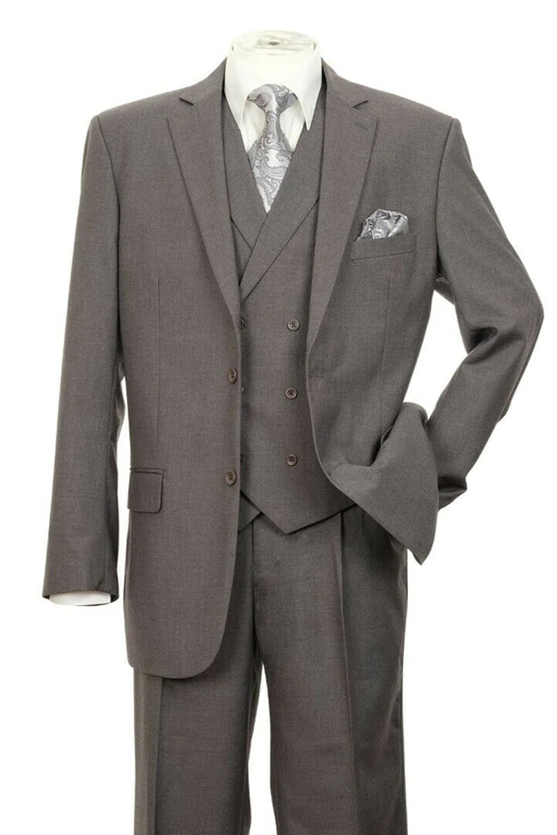 "Charcoal Grey Men's 2-Button Suit with Pleated Pants & Double-Breasted Vest"