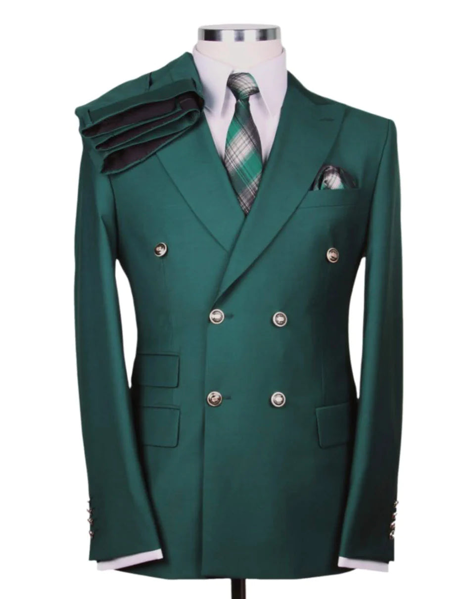 Mens Double breasted Suit - "Hunter Green" 1920s 1980s Style Peak Lapel Suits -  Back Side Vented  Mens Designer Modern Fit Double Breasted Wool Suit with Gold Buttons in Hunter Green